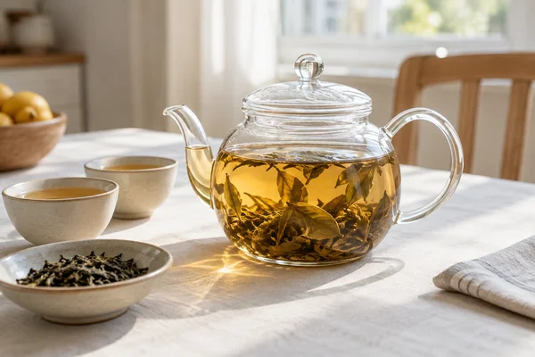 Clear glass teapot displaying unfurled tea leaves and golden infusion