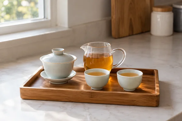 One small gaiwan, one sharing pitcher and two cups on a modest tray
