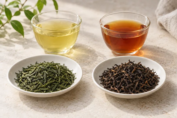 Green and black loose tea leaves in separate dishes beside pale green and amber infusions
