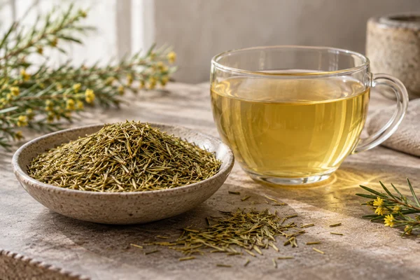 Green rooibos needles beside a light golden infusion