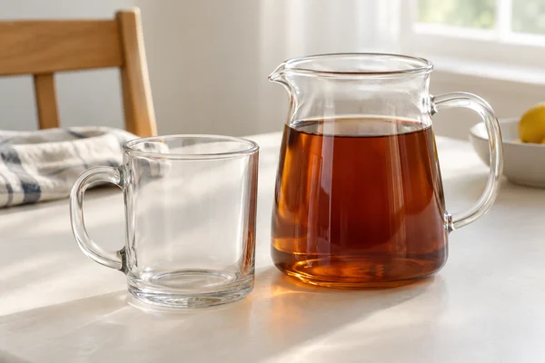 A clear glass mug beside a glass jug of amber tea