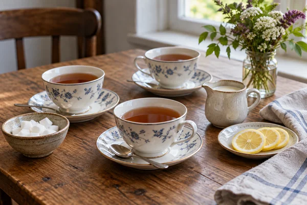 Three guest cups with plain tea and separate milk lemon and sugar