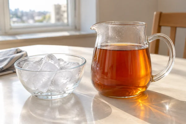 Amber tea in a glass jug beside a bowl of ice cubes