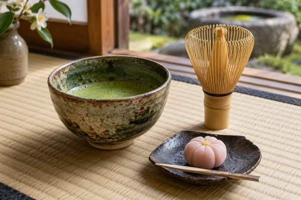 Matcha bowl and small wagashi on tatami beside bamboo whisk no people