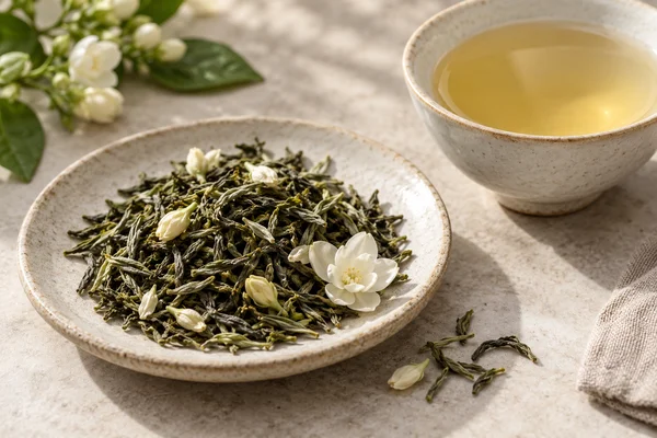 Green jasmine tea leaves with a jasmine blossom beside pale gold tea