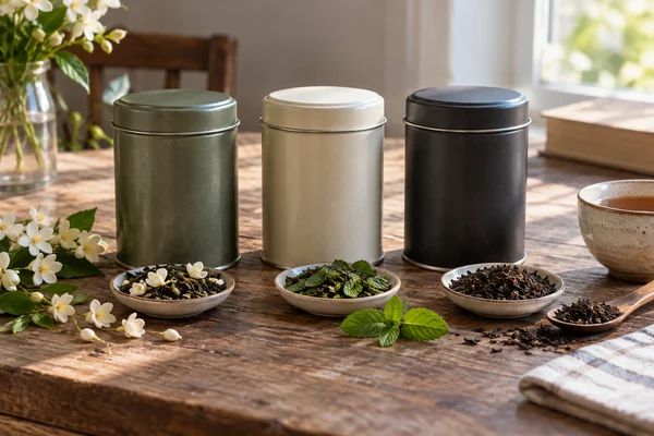 Three separate closed storage tins with jasmine flowers mint and plain tea samples