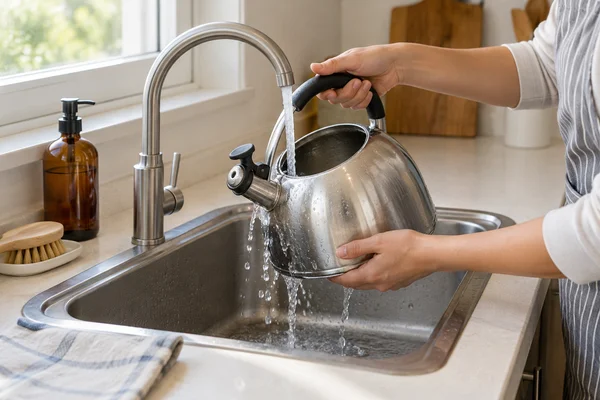 Water rinsing the inside of a metal kettle over a sink