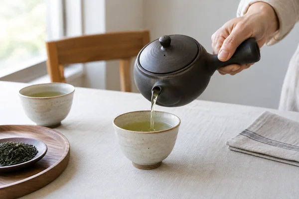Japanese side handled kyusu pouring tea into a small cup
