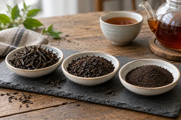 Three small dishes with whole black tea leaves broken leaves and fine tea particles