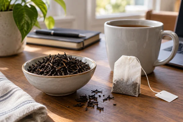 Loose black tea in a bowl beside a paper tea bag and office mug