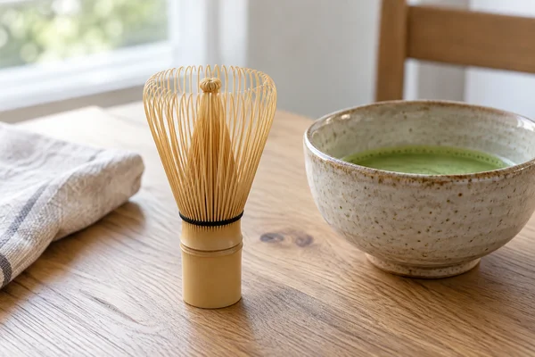 A bamboo matcha whisk standing upright beside a bowl of matcha