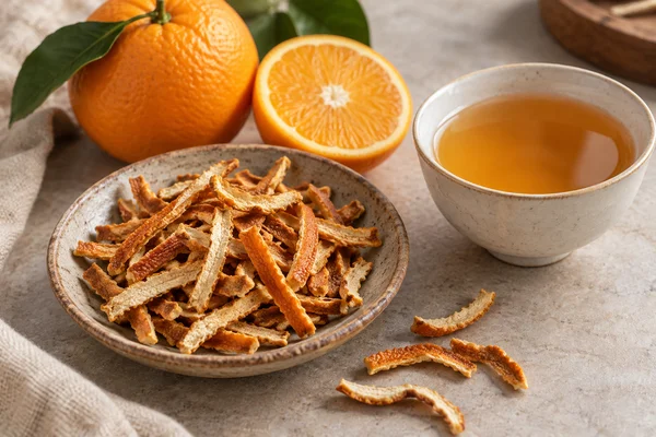 Dried orange peel pieces and fresh peel beside a clear infusion