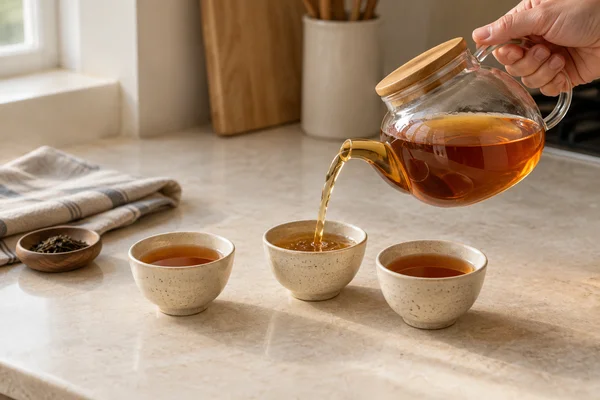 Amber tea being divided between three matching small cups