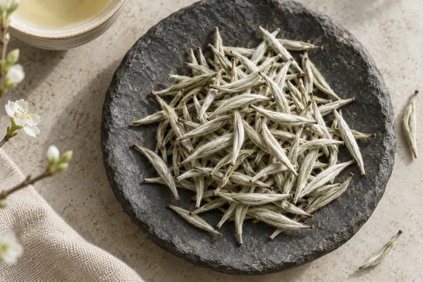 Long downy Silver Needle tea buds against dark stone