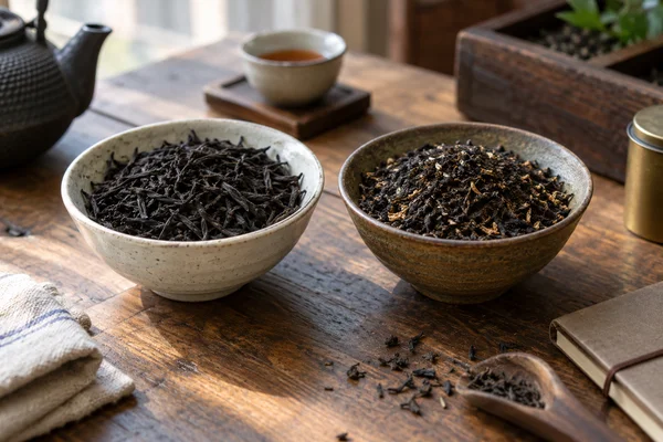 Two bowls one uniform black tea leaf one mixed black tea grades on a tea merchant desk