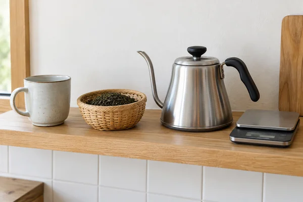 A kettle, mug, loose tea and a small scale on a kitchen shelf