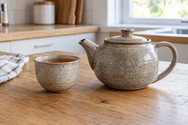 Thick stoneware tea pot and cup on a sturdy kitchen surface