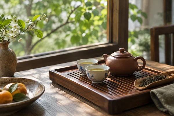Small clay teapot porcelain cups and tea tray by a leafy window