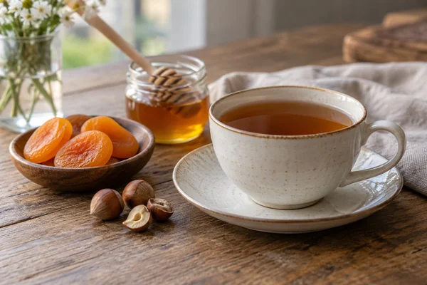 Tea cup beside dried apricot a hazelnut and honey jar as sensory references