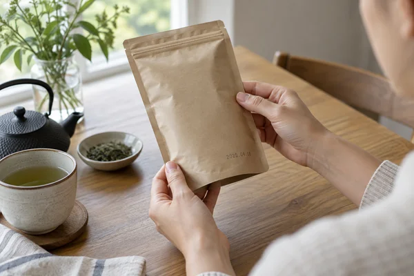 Plain unopened tea pouch with date stamp being inspected on clean table