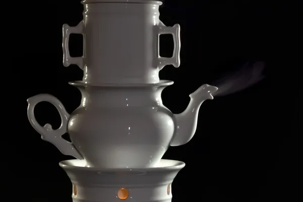 A porcelain tea warmer with a teapot and an opening for a tealight