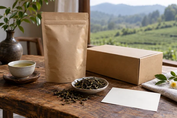 Tea shipping pouch and packing box beside loose leaf with origin card blank
