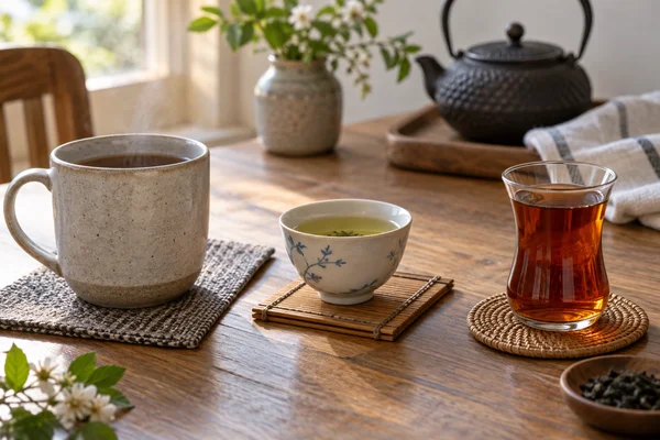 Three different tea settings simple mug small teacup and tea glass on separate placemats