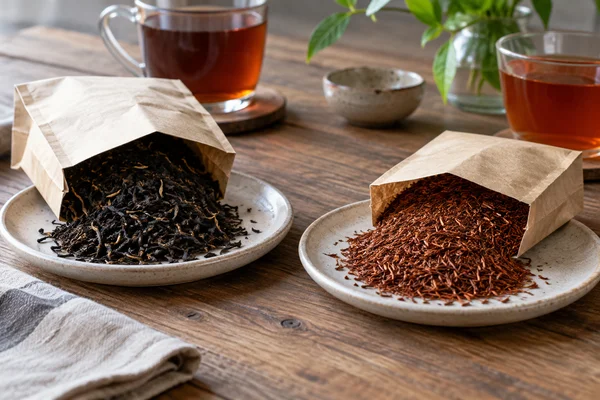 Two plain packets black tea leaves and rooibos needles displayed separately