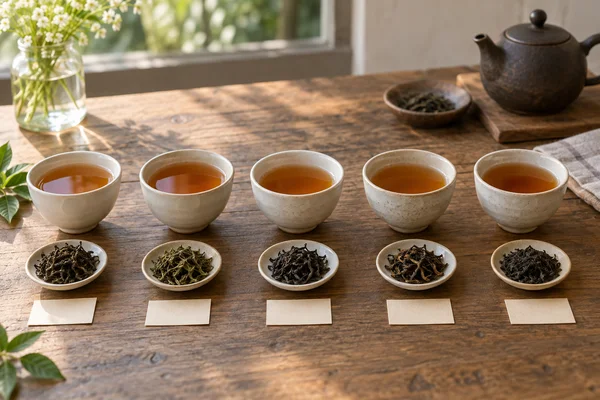 Five cups of similar amber tea with small sample labels in a comparison row