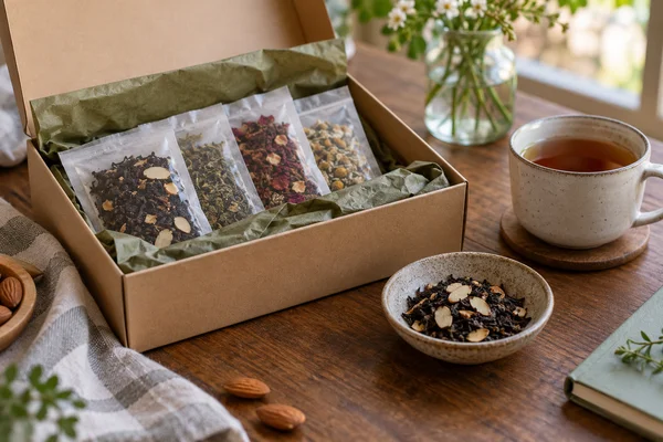 Open gift box with tea packets one with almond pieces visible in an adjacent sample