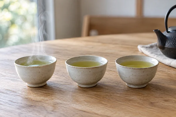 Three small tea tasting bowls lined up on a wooden table
