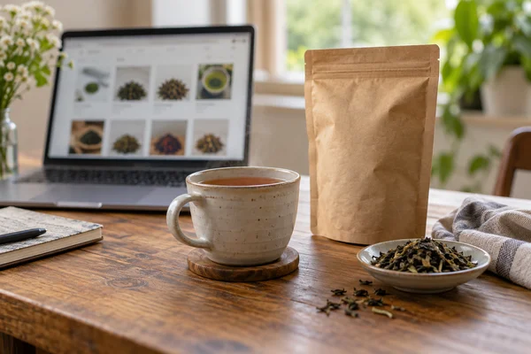 Laptop blurred tea shopping page beside an actual plain tea pouch and cup