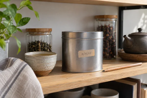 Tea tin with simple date sticker and pencil on orderly shelf