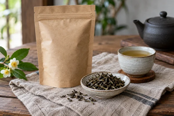 Plain certified-looking tea packet no legible logo beside dry leaves on natural cloth