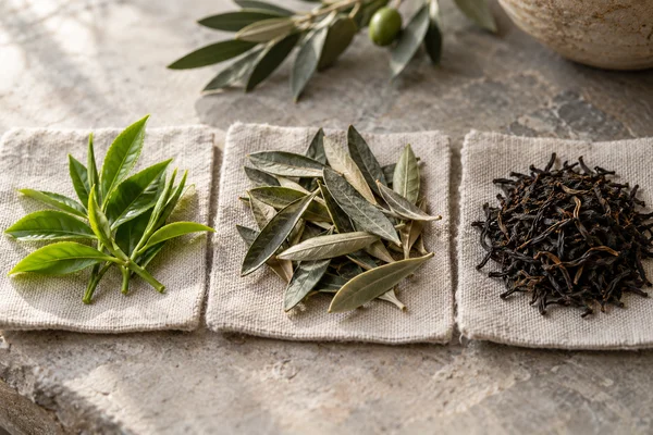 Fresh tea shoots, withered leaves and dark processed tea arranged separately