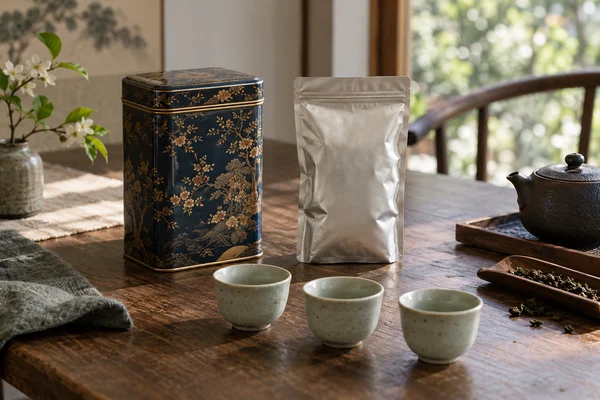 Ornate empty tea tin beside modest foil pouch and identical ceramic tasting cups