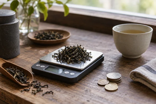 Small scale weighing dry tea beside coins and a plain ceramic cup