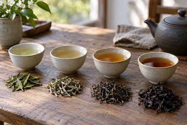 Four modest tea samples arranged from pale green leaf to dark twisted leaf