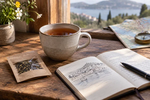 Small tea packet and a handwritten travel notebook beside a cup