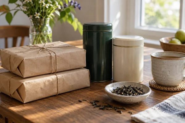 Unopened monthly tea parcels beside two still full tea tins