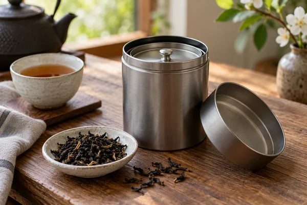 Double lid metal tea tin showing inner lid beside loose tea