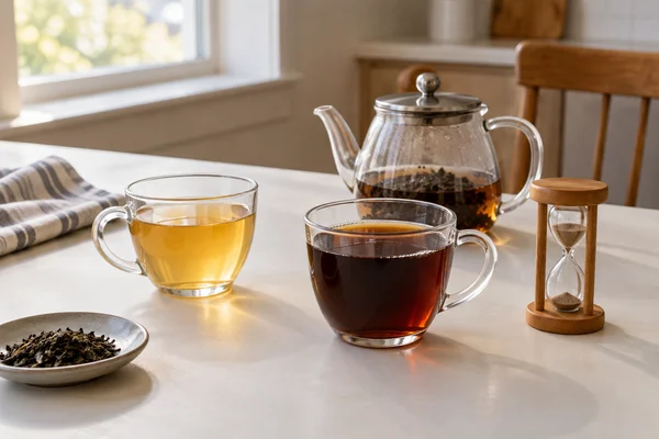 Dark and pale cups of tea beside a glass teapot and an hourglass