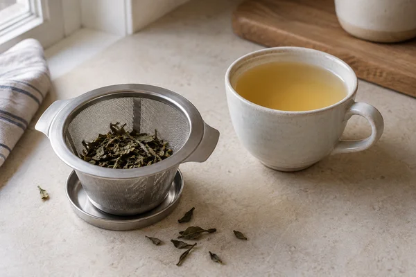 Sparse loose tea in a wide infuser beside a pale cup of tea