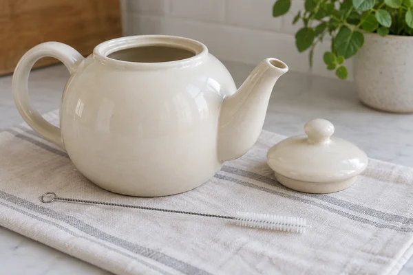 A teapot beside a slender soft brush for cleaning its spout