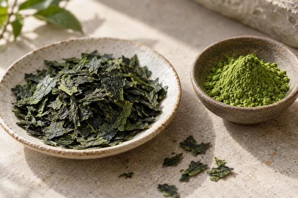 Flat dark green tencha flakes beside a separate dish of matcha powder