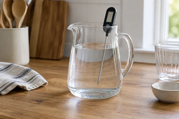Kitchen thermometer probe suspended in a glass water jug away from its base