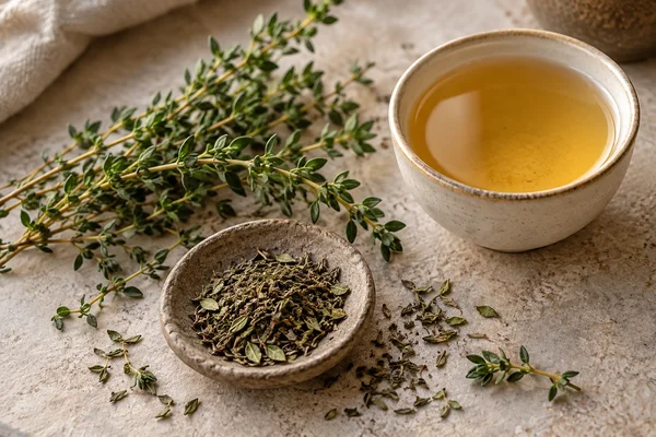 Small thyme leaves on fine stems beside dried thyme and a golden infusion