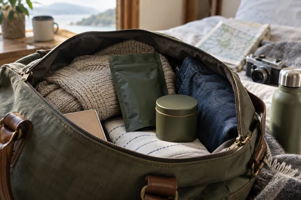Small tightly closed tea tin and sealed pouch in open travel bag