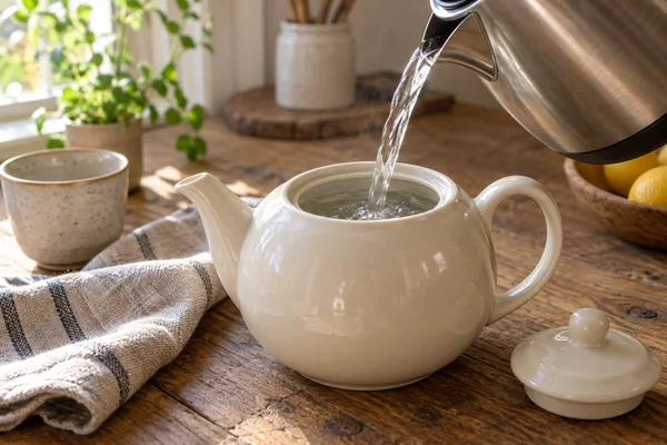 Clear hot water poured into an empty cream ceramic teapot, with its lid beside it