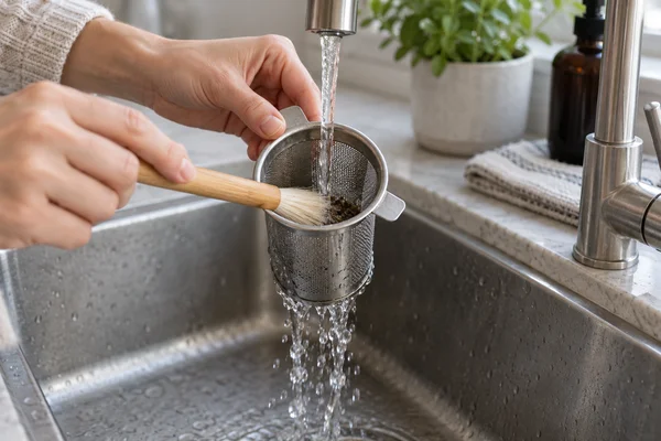 A tea infuser basket being rinsed with water over a sink